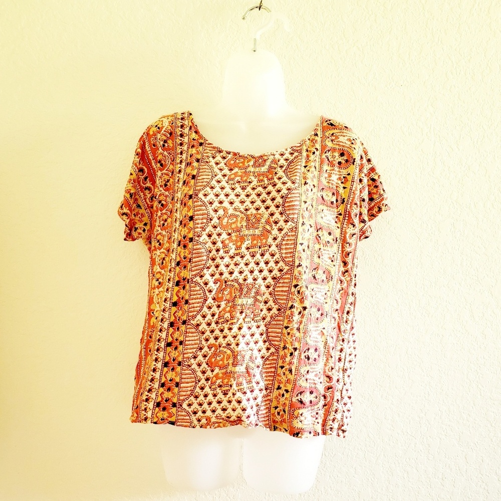 Lucky Brand Orange Boho Elephant Scoop Neck Tee